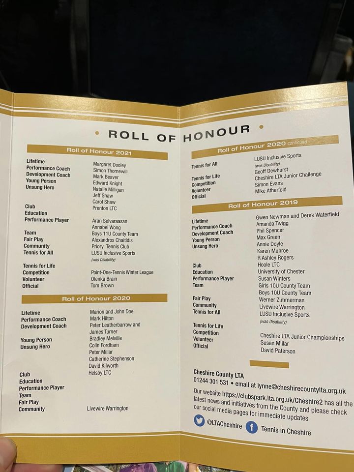 Roll of Honour from the Cheshire LTA Awards from 2019. LUSU Sports Features as winners of the Tennis for All category 2019, 2020, 2021