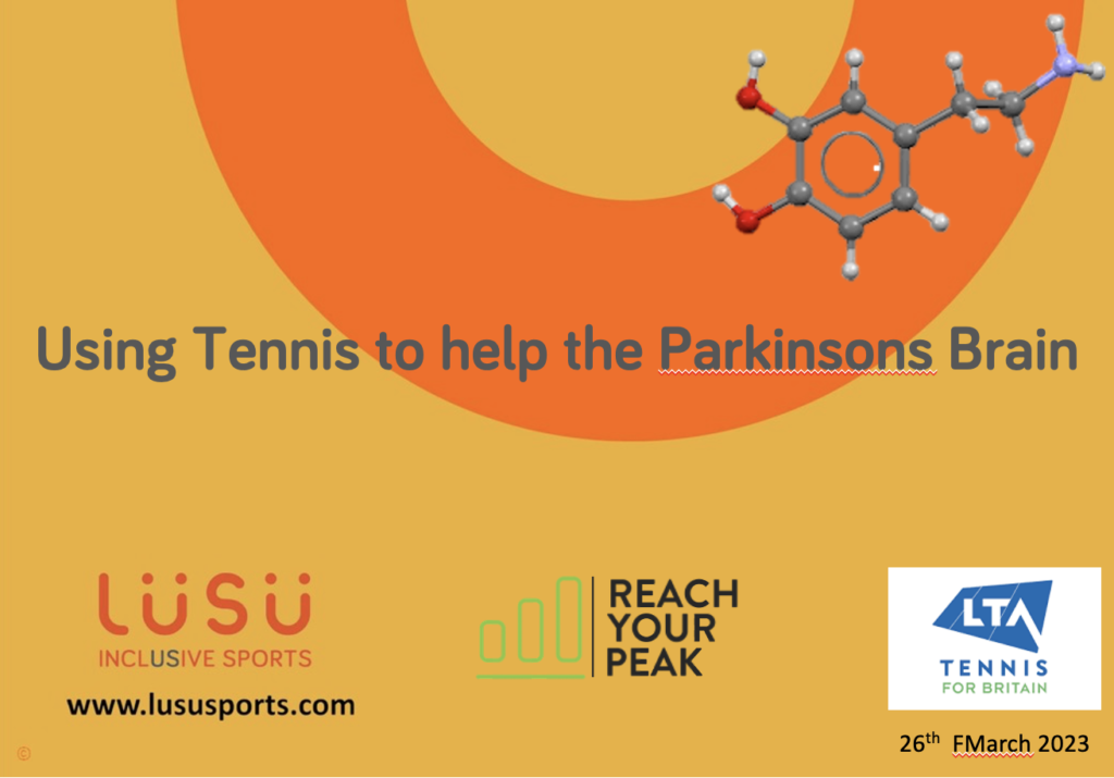 Opening slide of the presentation Using tennis to help the Parkinson's brain. With logos from LUSU Sports, Reach you Peak and the LTA